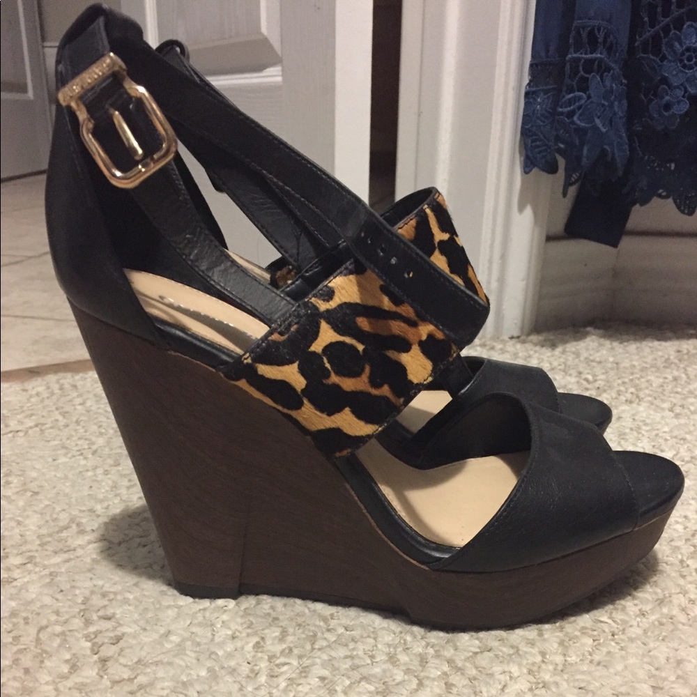 Gianni Bini Black and Animal Print Wedges